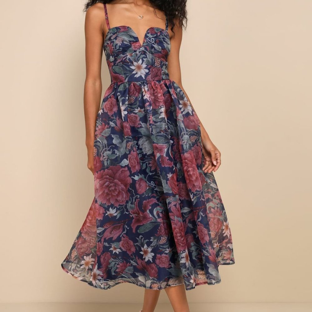 Lulus Cherished Aura Navy Blue Floral Organza Bustier Midi Dress - Medium